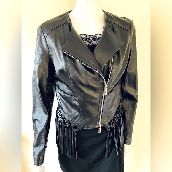 New Soft Black real Lamb leather Biker jacket Long leather tassels EUR 38 US 6-8 - Picture 3 of 16